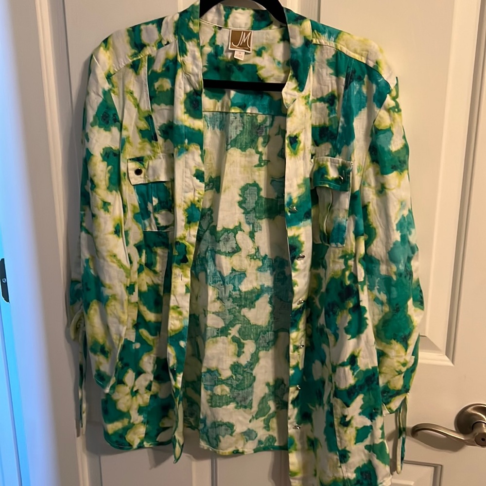 Linen “shacket” blue and green